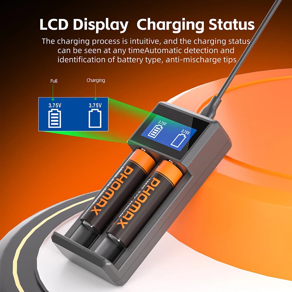 Batteria ricaricabile al litio PHOMAX 3.7V 18650 Batteria 2500mAh con caricabatterie per batterie agli ioni di litio a 2 slot per torcia frontale giocattolo