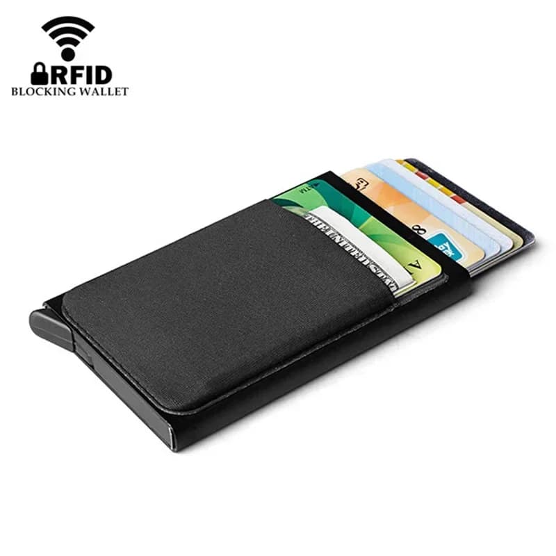 Nuovo mini portafoglio in alluminio con tasca posteriore elastica Porta carte di credito ID Blocco RFID Piccola porta carte in metallo pop-up automatico