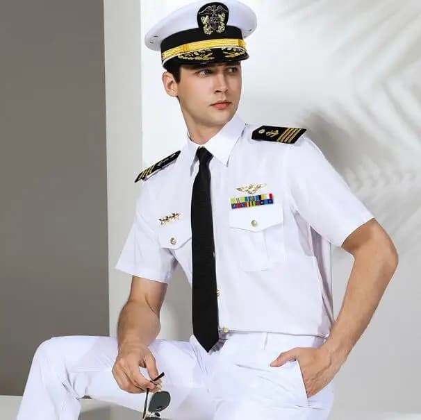 US Sailor Shirt Men Naval Officer Summer Uniform White Blouse Captain Work Tops