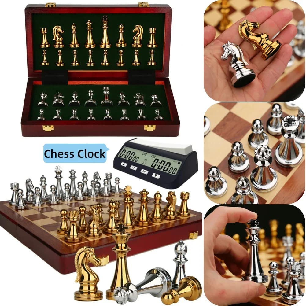 Set di scacchi medievali con scacchiera in legno Pezzi degli scacchi internazionali in metallo per bambini adulti Gioco per famiglie Giocattoli Regalo Decorazioni per interni