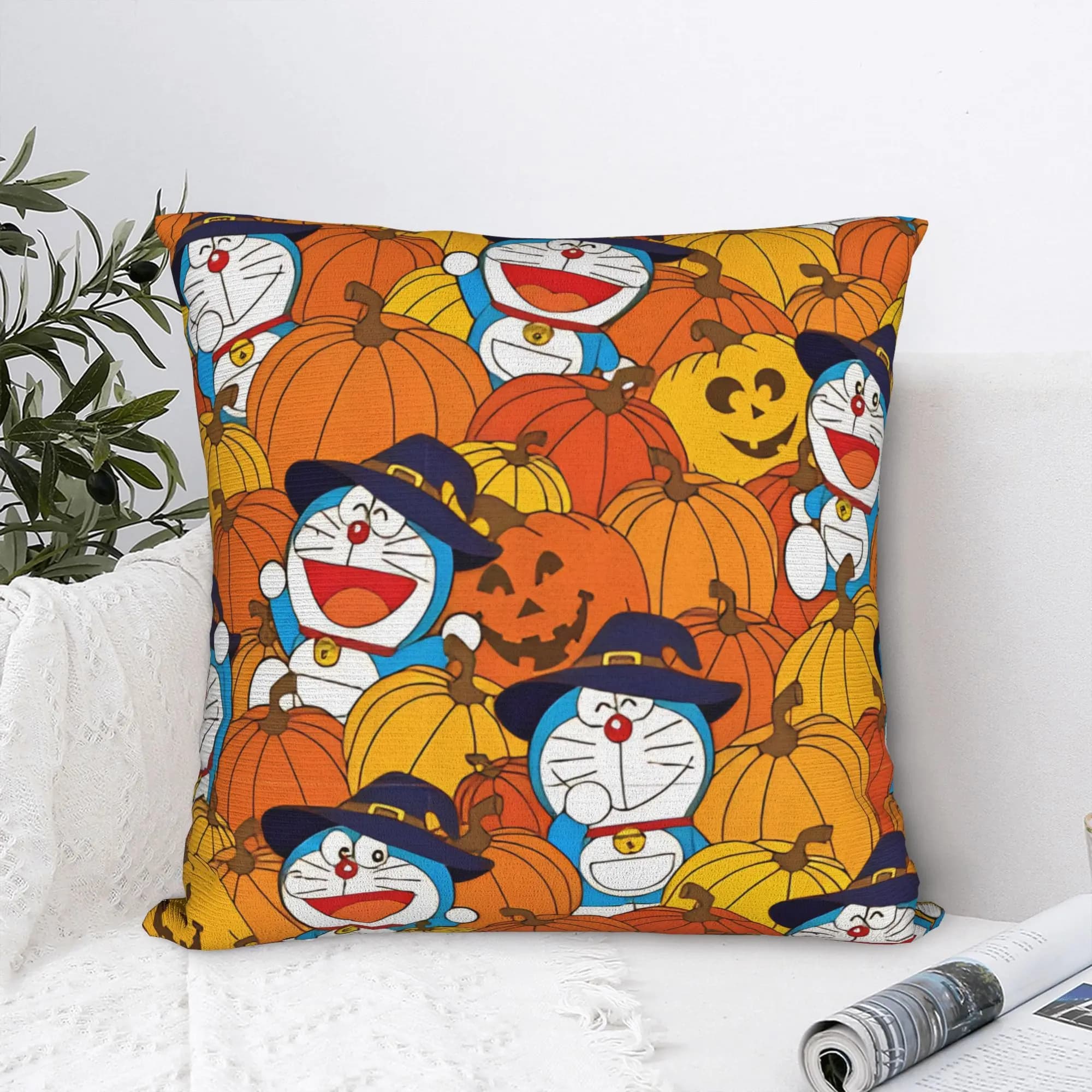 Fodere per cuscini quadrate con simpatici cartoni animati Doraemon, federe decorative alla moda con cerniera per divano 40x40 cm