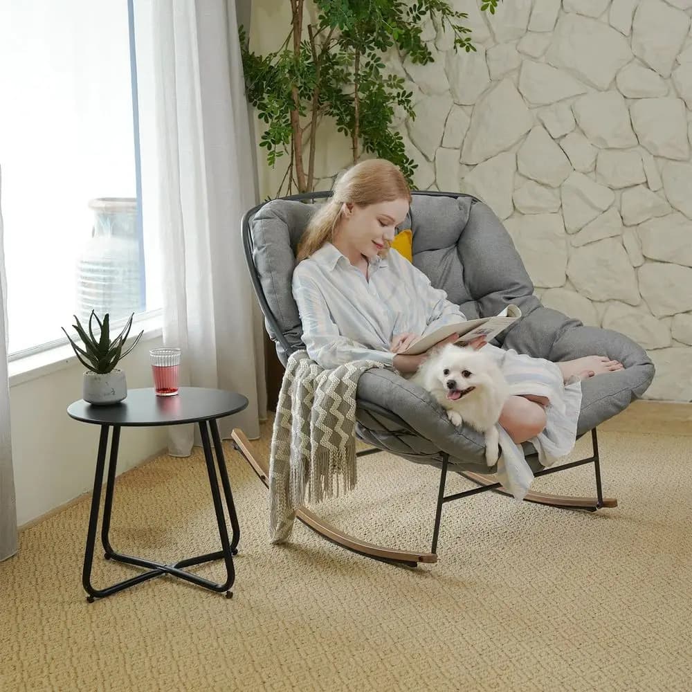 Outdoor Rocking Chair with Small Side Table, ECoated Papasan Rocker Recliner Chair with Comfy Cushion, Patio Furniture Set for