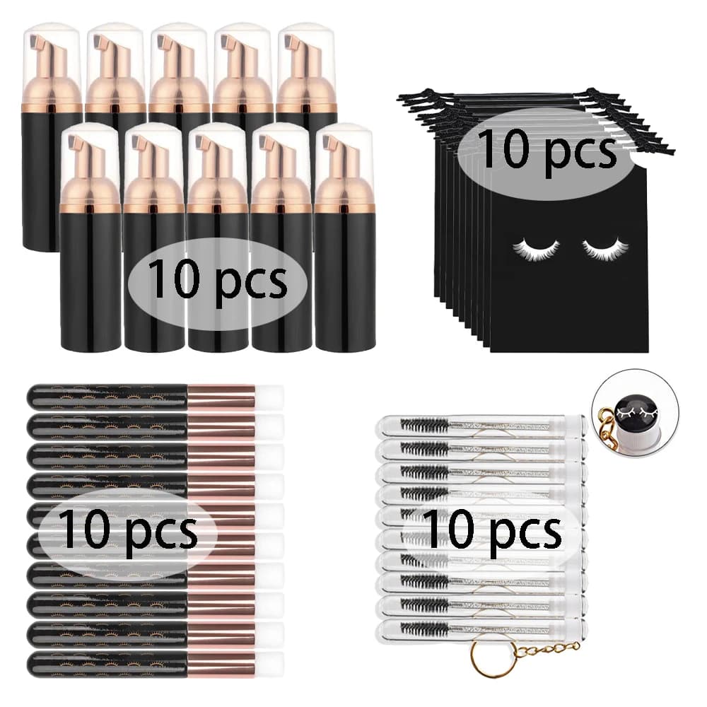 30/40Pcs 60ml Refillable Leakproof Empty Foam Pump Bottles Lash Extension Shampoo Kit Brushes Mascara Wands Storage Bags