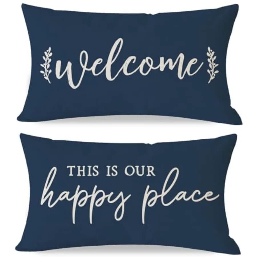 Fodere per cuscini decorativi lombari stile rustico 12x20, set da 2, con scritta 'Welcome This is Our Happy Place', Blu, per esterni, Primavera Inverno