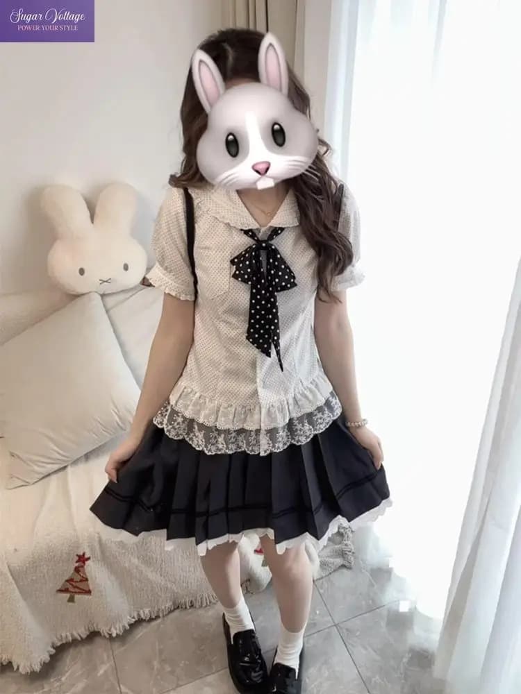 New Sweet Coquette 2 Piece Set Women Peter Pan Collar Bow Blouse Lace Trim High Waist Pleated Skirt Slim Fit Casual Party Outfit