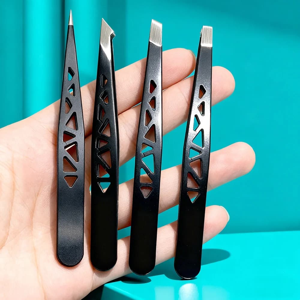 Black Coated 4-in-1 Tweezers Set, Professional Stainless Steel Tweezers with Slant/Pointed/Flat/Angled Tips, Precision Tools for Eyebrow Shaping, Plucking, Ingrown Hair and Splinter Removal, Salon-Grade Beauty Tweezers