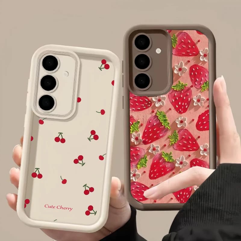 For Samsung Galaxy S22 S23 Plus S21 S20 FE Note 20 Ultra A32 A52 5G A24 A53 A33 A05 A05S INS Oil Painting Strawberry Cherry Case