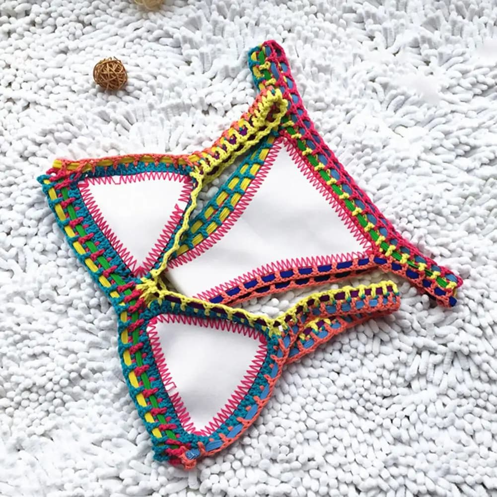 2 pieces/set summer bikini set swimsuit color bright patchwork beachwear women's handmade crochet swimsuit for the beach