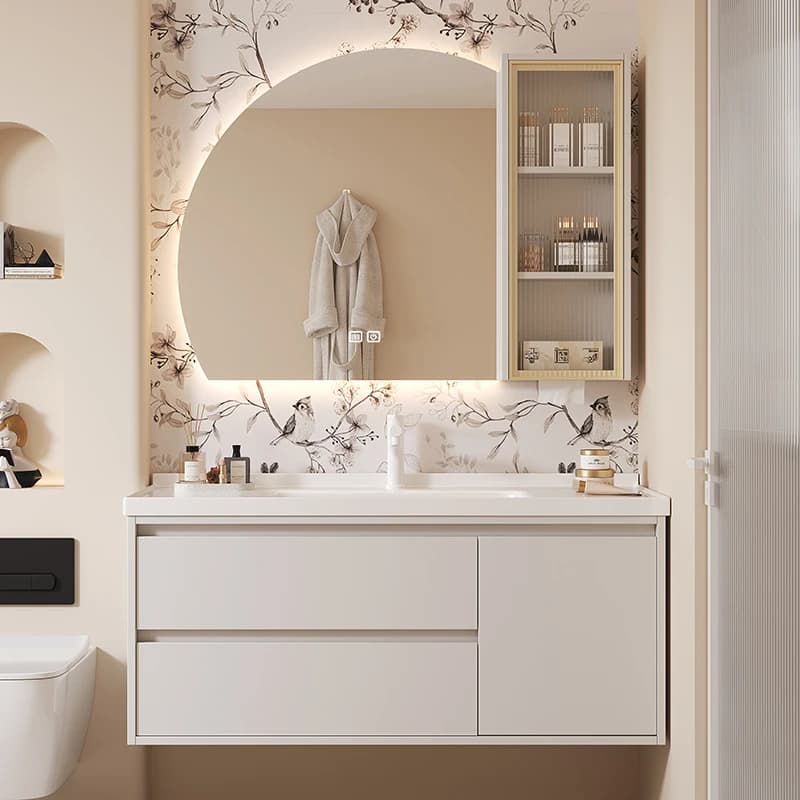 Mobili da Bagno con Lavabo in Ceramica, Cassetti in Legno Massello, Armadietti Contenitori, Specchi e Mobiletto per Trucco