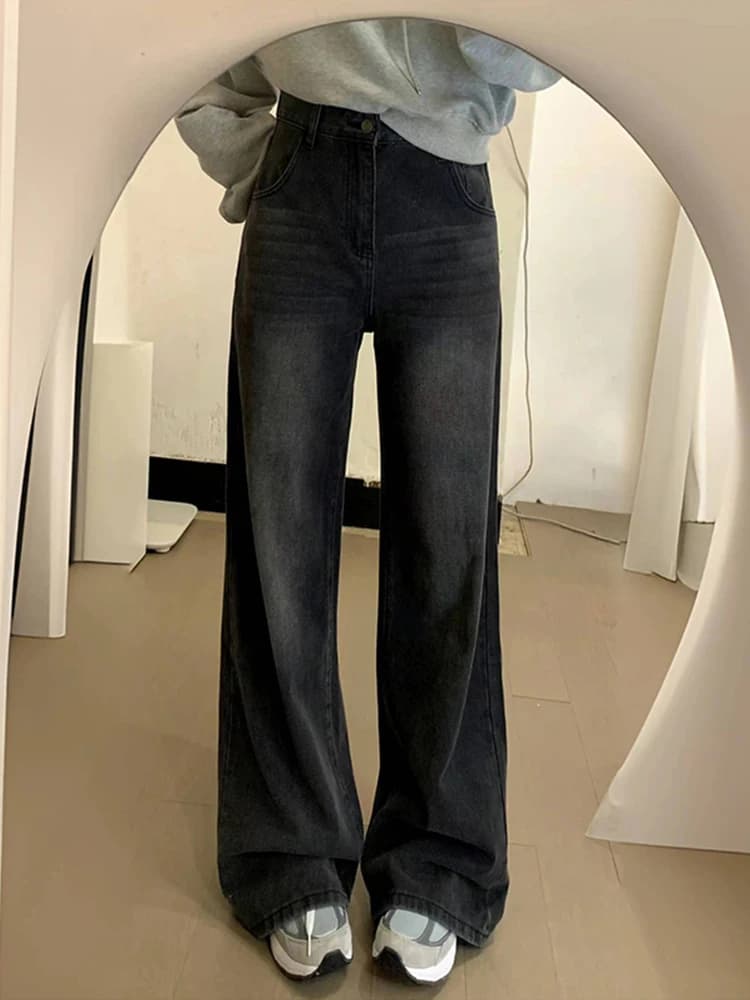 Loose Wide Leg Denim Jeans Women's plus Size Black Grey American Style High Waist Floor Length Straight Leg Slimming Pants