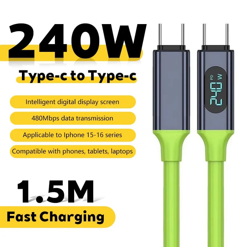 Cavo di ricarica super veloce da 240W da USB-C a USB-C con display LED, cavo dati da USB a USB-C per iPhone, Xiaomi, Samsung