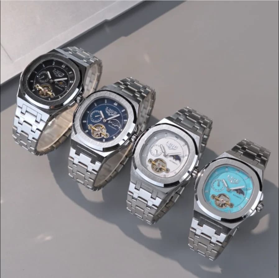 Orologio Meccanico LIGE con Doppio Secondo Quadrante, Tourbillon, 24 Ore, in Acciaio Inossidabile, Autentico, Luminoso di Notte, Impermeabile, da Uomo