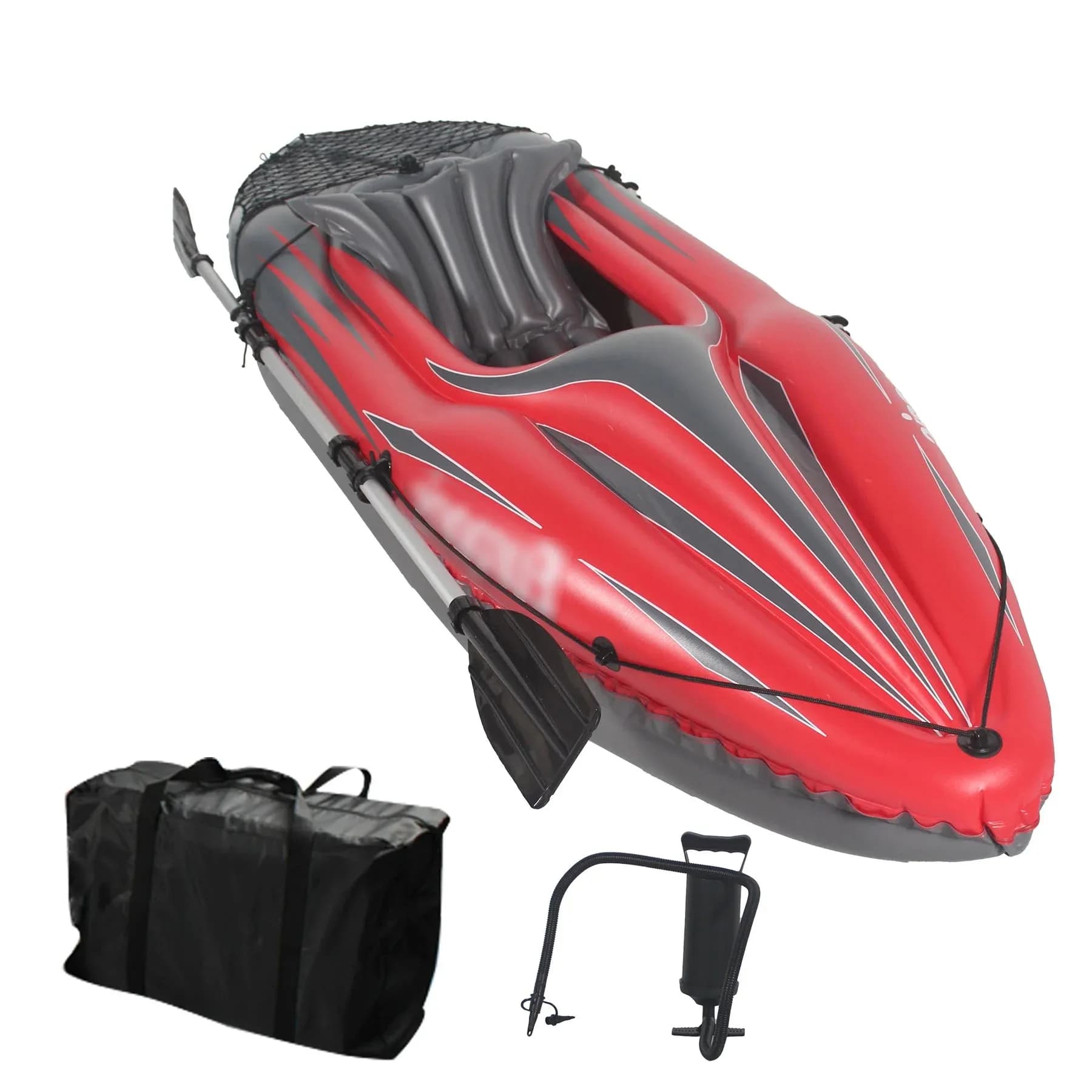 Barca da pesca gonfiabile per kayak Canoa rossa per adulti per 1 persona, con pagaie, borsa, sedili, pompa ad alto rendimento, pinna, per laghi e fiumi