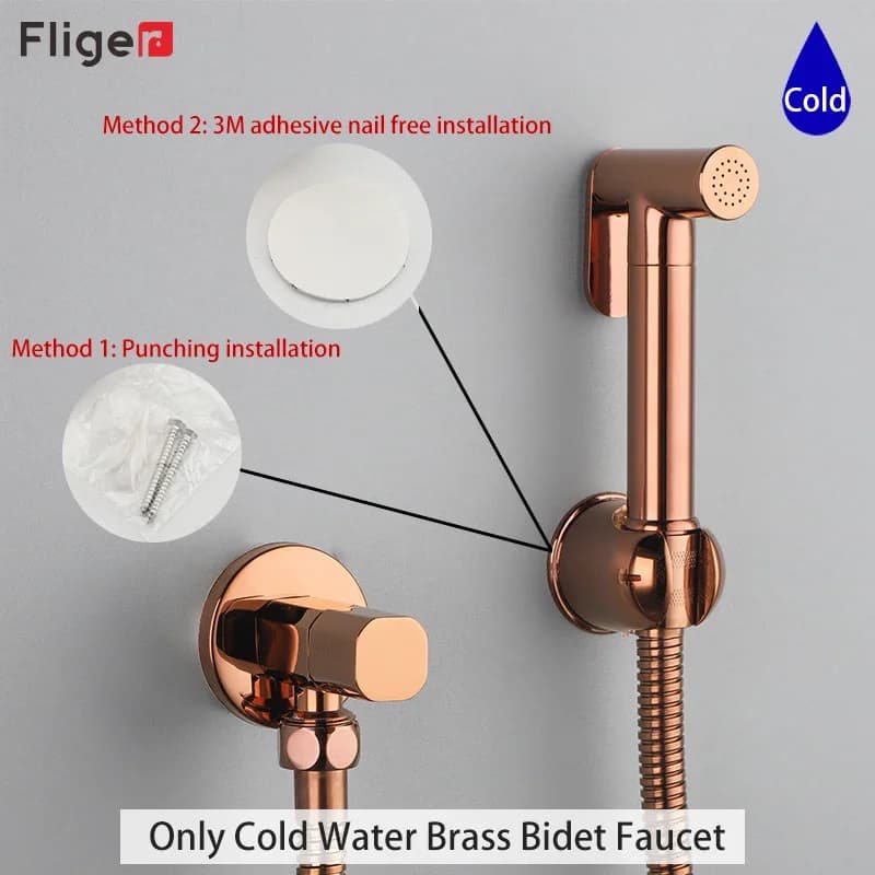 Fliger Rubinetto per bidet in oro rosa Rubinetto in ottone Set spruzzatore per WC bidet portatile Rubinetto per WC singolo freddo Soffione doccia con acqua Senza chiodi
