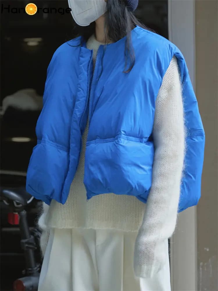 HanOrange 2024 Autunno Inverno O-Collo Gilet da donna Profilo allentato Soffice caldo Top senza maniche Giacca femminile Nero/Blu/Albicocca leggera