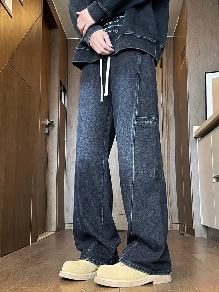 American Retro Workwear Jeans Men's Straight Loose 2024 New Autumn Winter Men's Wide Leg High Street Pants Youth Faion
