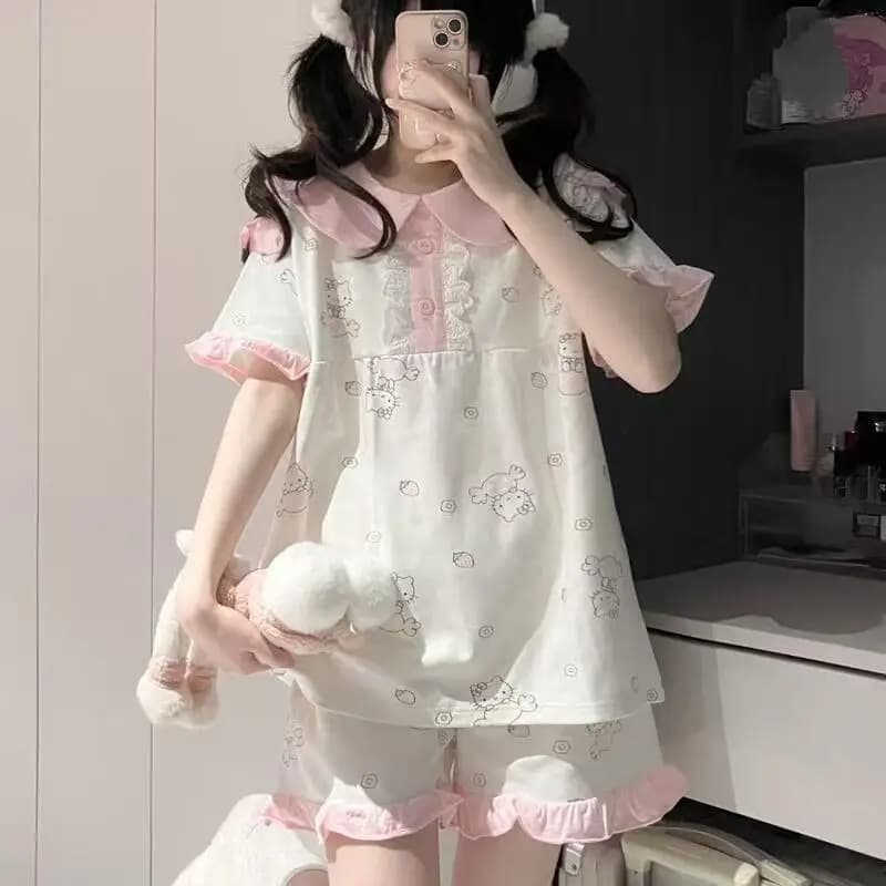 Cute Girl Doll Collar Pajamas Summer New Anime Short Sleeved Shorts Set Sweet and Fashionable Student Home Clothes Skin Friendly