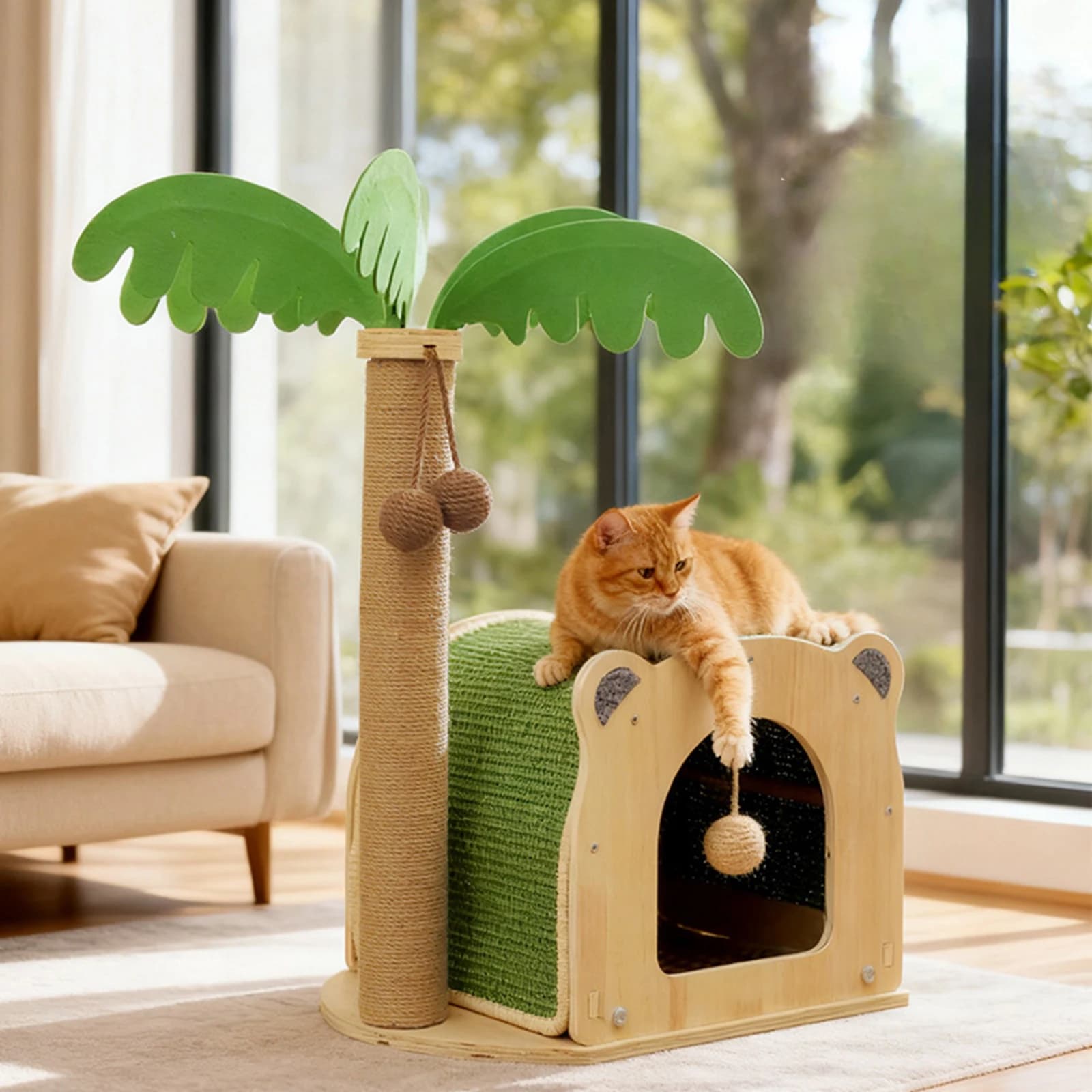 Tiragraffi in sisal a forma di albero di cocco con palline appese, casetta in legno per gatti da interno e gattini