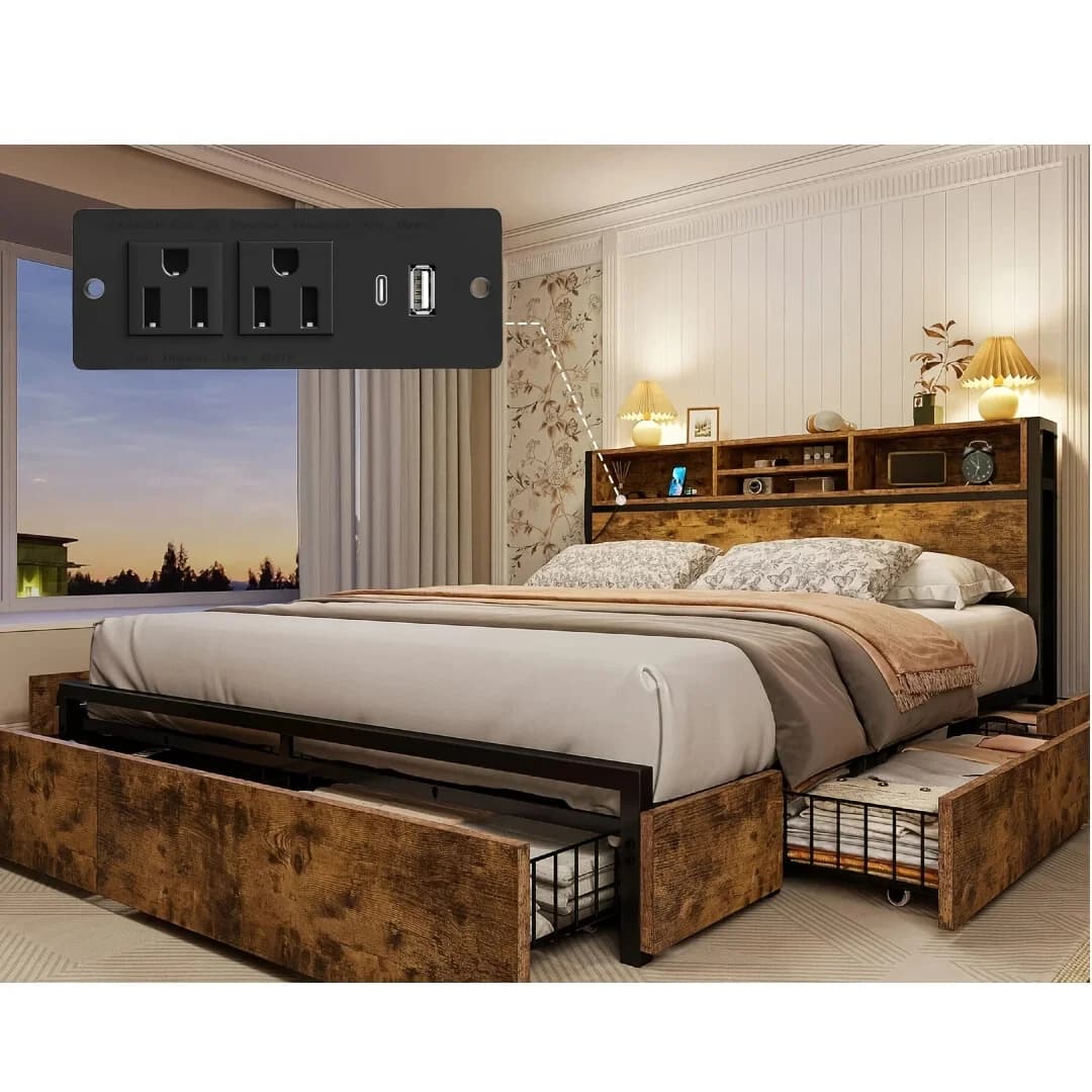 Letto in Acciaio e Legno a 6 Cassetti con Motivo a Strisce di Tigre Q/F