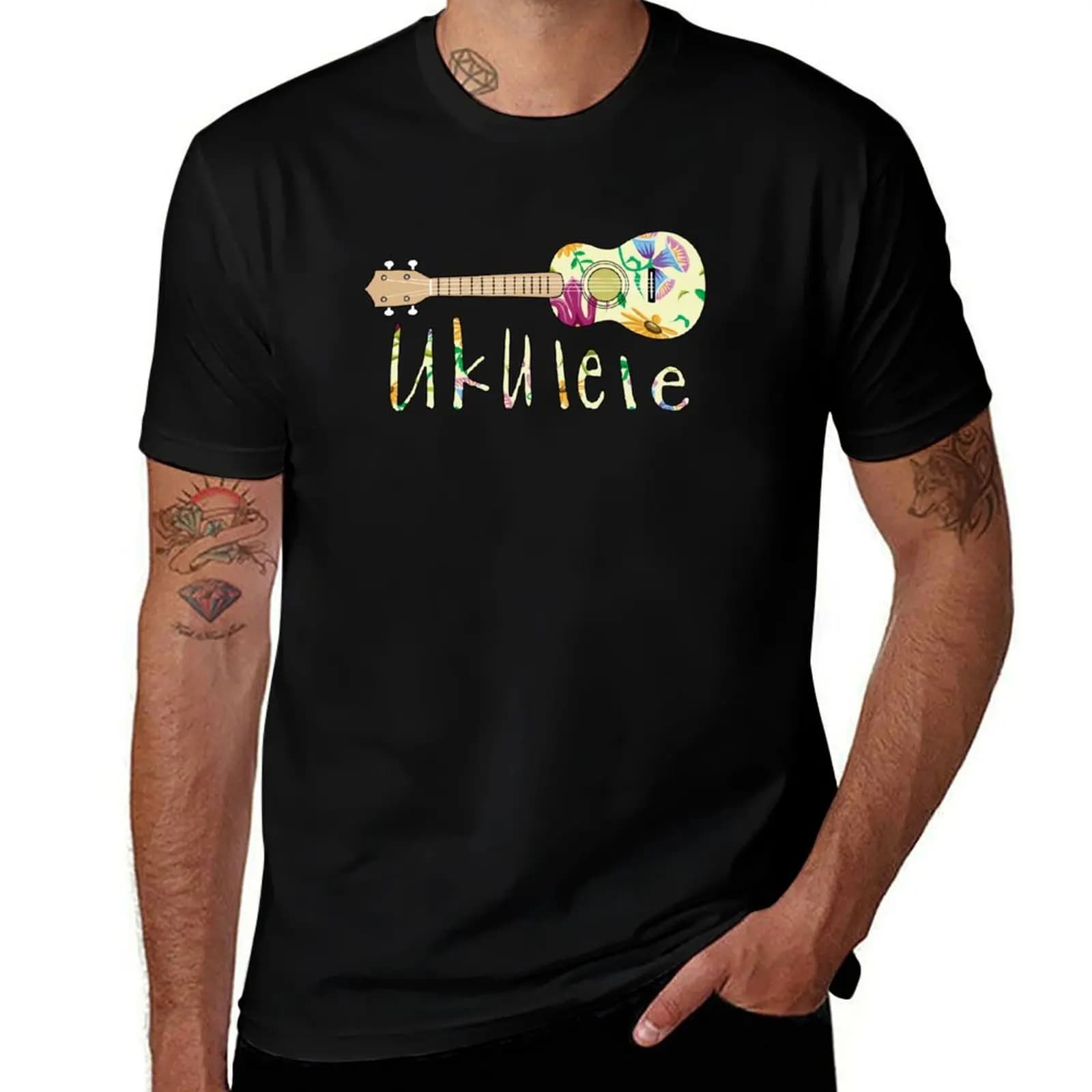 T-shirt con fiori di ukulele, maglietta casual in stile street style