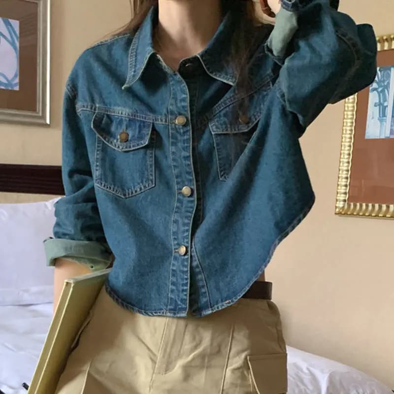 Retro Washed Long Sleeve Collared Chic Autumn Versatile Double Pocket Single Button Design Jeans Jacket Women's Loose Fit Out...