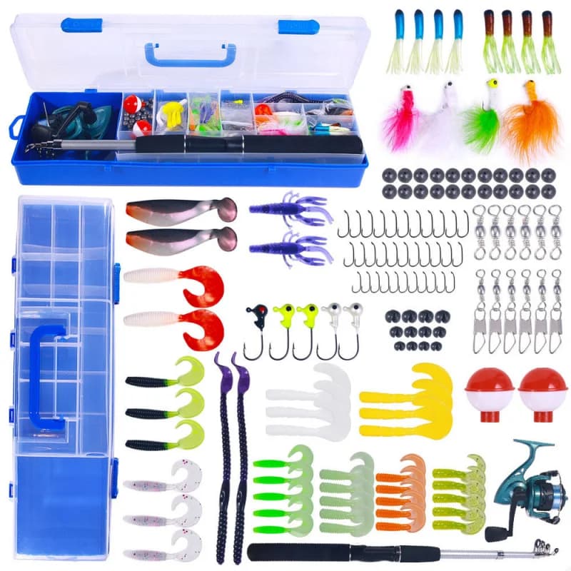 Fishing kit with reel, barrel and artificial baits - Complete set of baits and canned fishing equipment for fresh and salt water