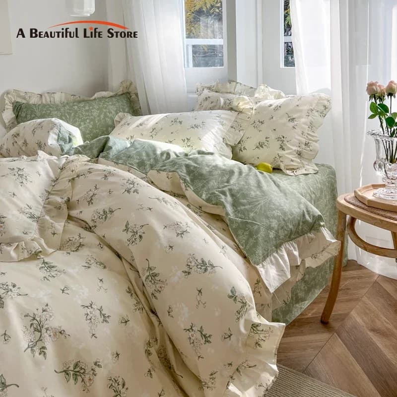 Set di biancheria da letto con volant in pizzo stampato floreale piccolo, copripiumino singolo a fiori freschi semplici, Set di biancheria da letto, federe, 100% cotone