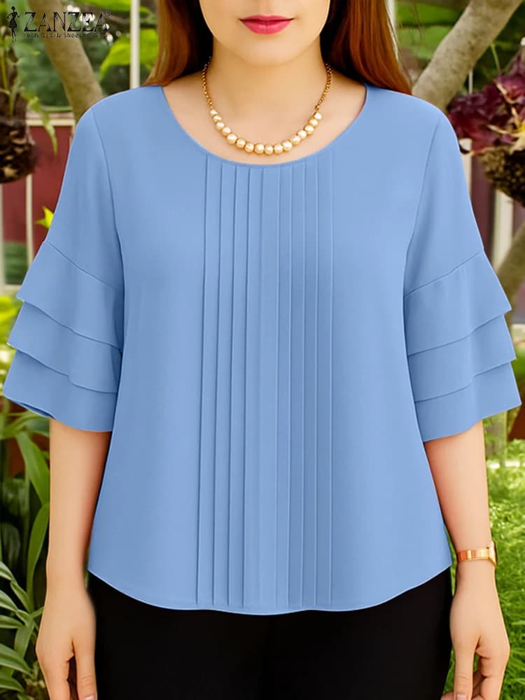 ZANZEA Camicette Pintuck da donna casual 2025 Autunno O-Collo a strati con volant maniche a 3/4 Camicetta tinta unita Abbigliamento donna quotidiano 3XL