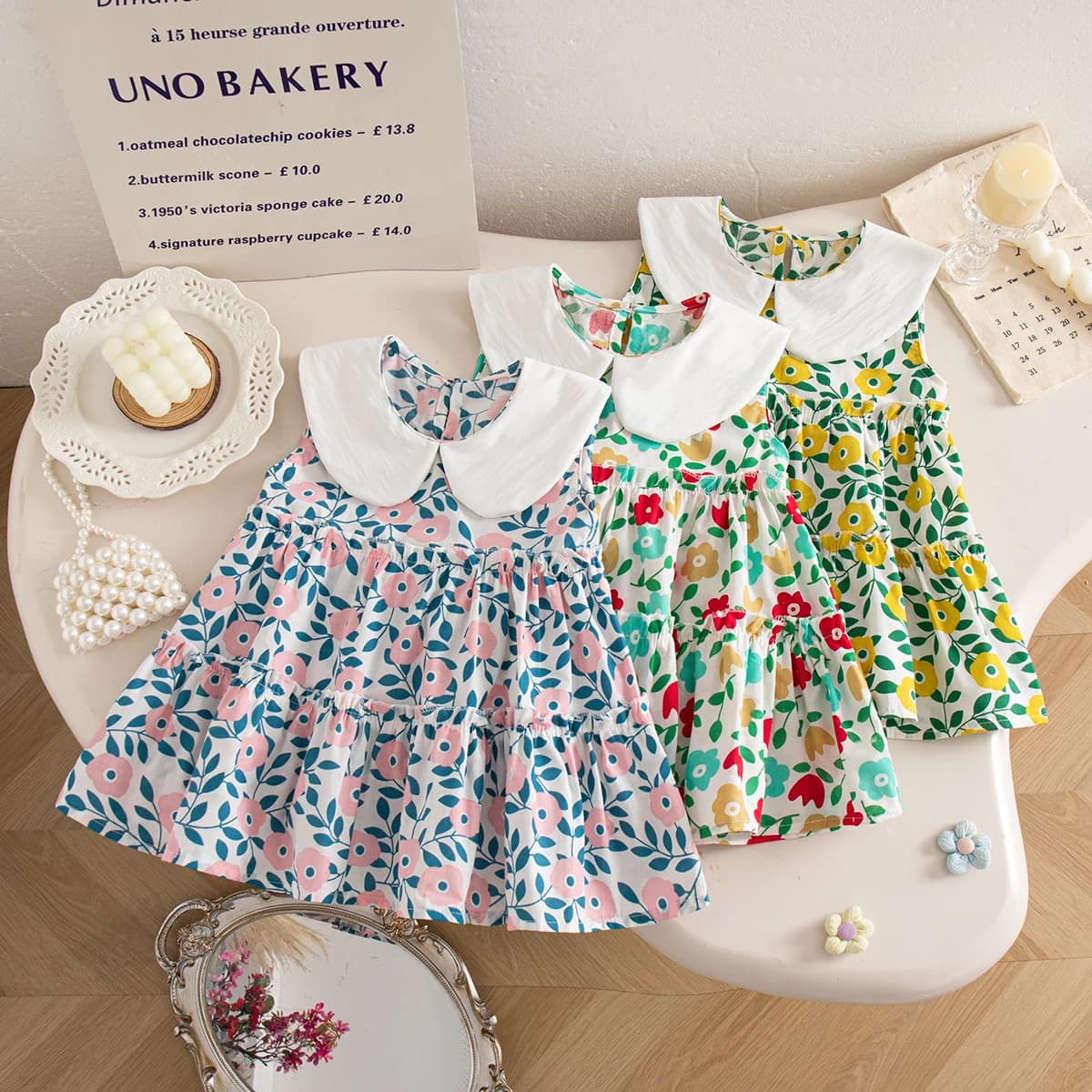Baby Girl Korean Style Dress Flower Pattern Doll Collar Sleeveless Cotton Dress Girls Summer Outing Clothing