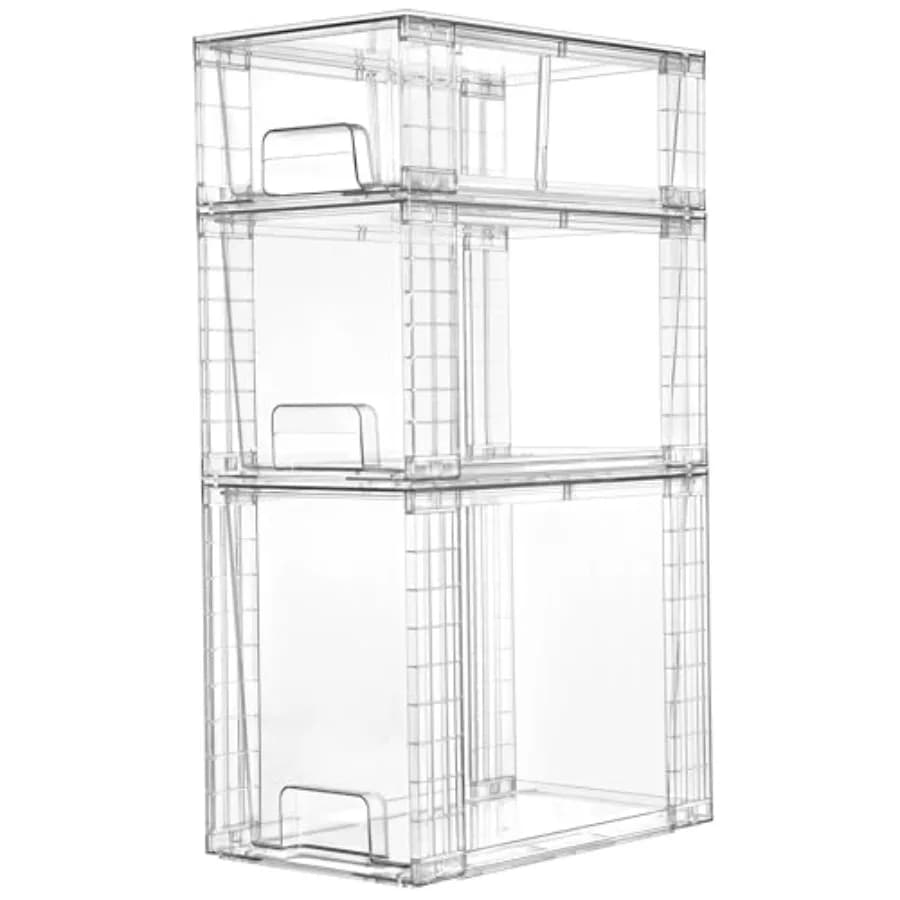 Curated Picks 3 Pack Clear Stackable Storage Drawers, Easy to Assemble Bathroom Organizers and Storage with handles, Plastic Dr