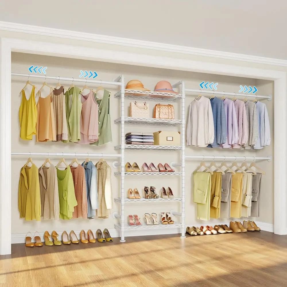 Expandable Wall-Mounted Clothes Rack with 6 Shelves & 4 Hanger Rods, Adjustable, Heavy Duty, 5'11-8'10, White