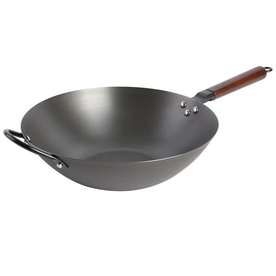 Wok and carbon steel iron-fry pan with flat bottom, 14 inches