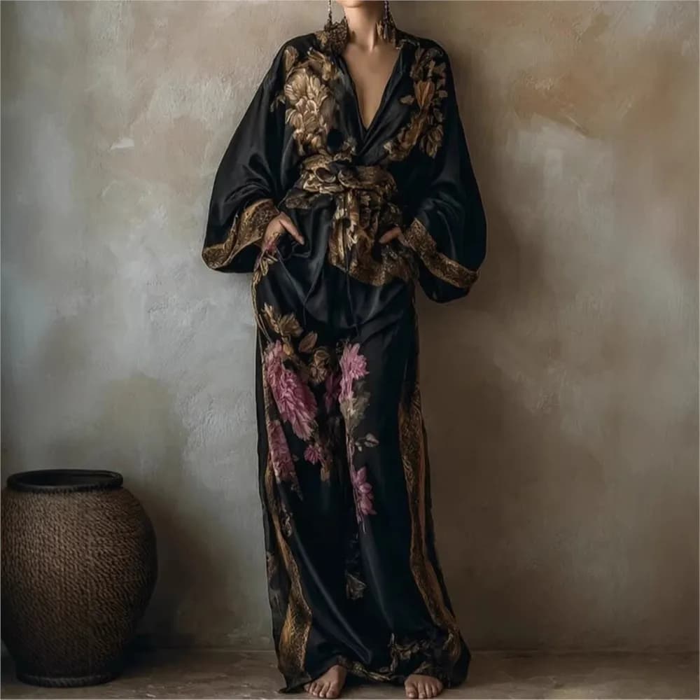 Vintage Floral Print Satin Two Piece Pajama Set For Women V Neck Elegant Belted Lantern Sleeve Robe Top High Waist Wide Leg Pant