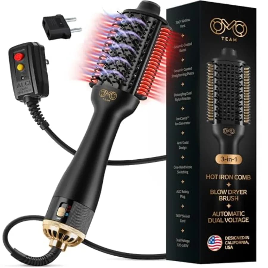 Spazzola Asciugacapelli Automatica a Doppio Voltaggio 4-in-1 con Funzione Ionica per Lisciare i Capelli Senza Danni da Calore, Leggera 1,3 libbre