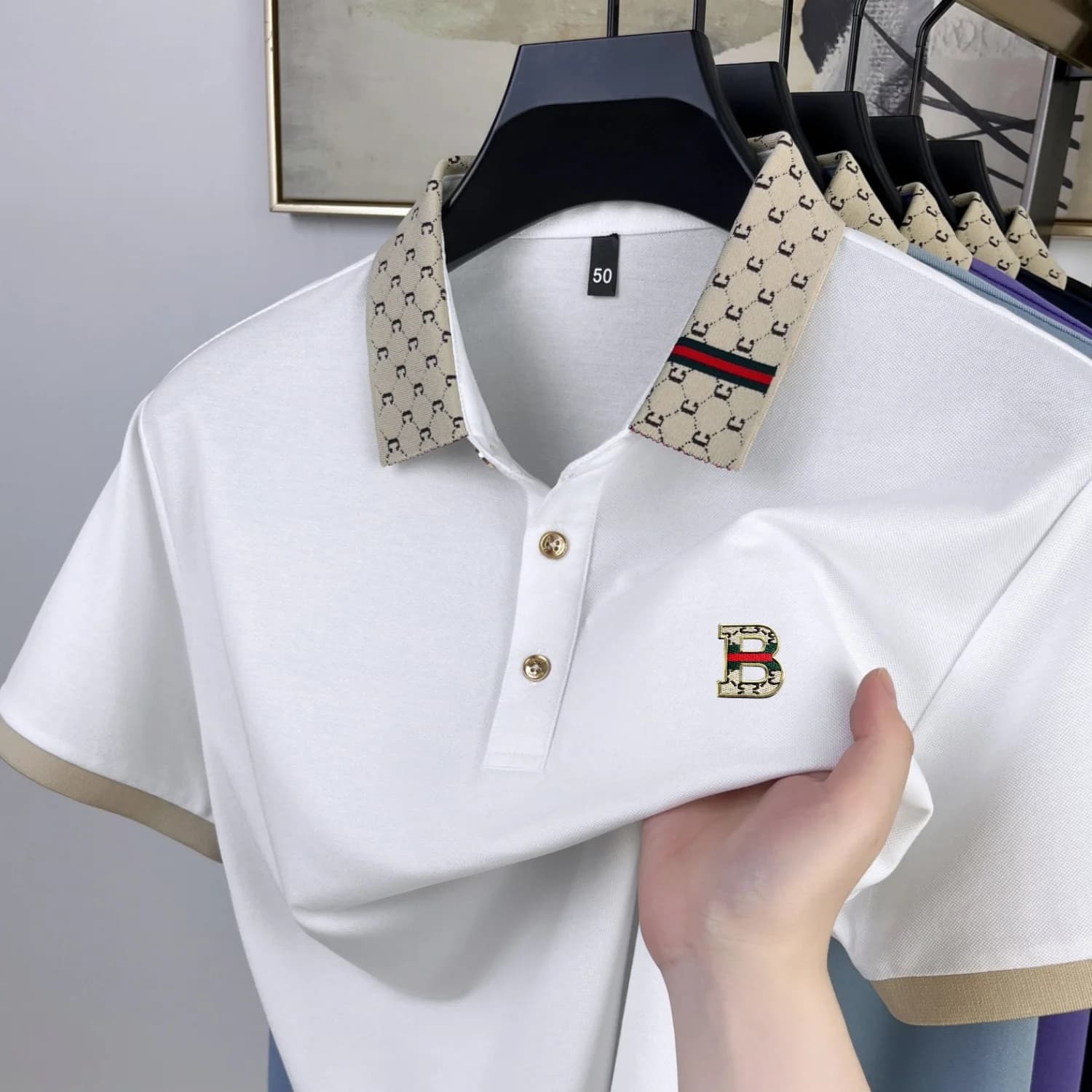 High end brand men's short sleeve polo shirt summer trend B-letter embroidered T-shirt Korean style casual comfort fashion top