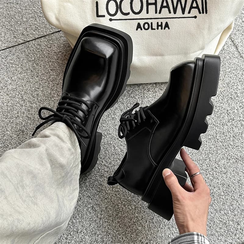 Derby Scarpe in pelle da uomo con testa quadrata Stile minimalista alla moda Moda Ufficio per feste Scarpe con suola spessa per giovani per il tempo libero all'aperto Caldo