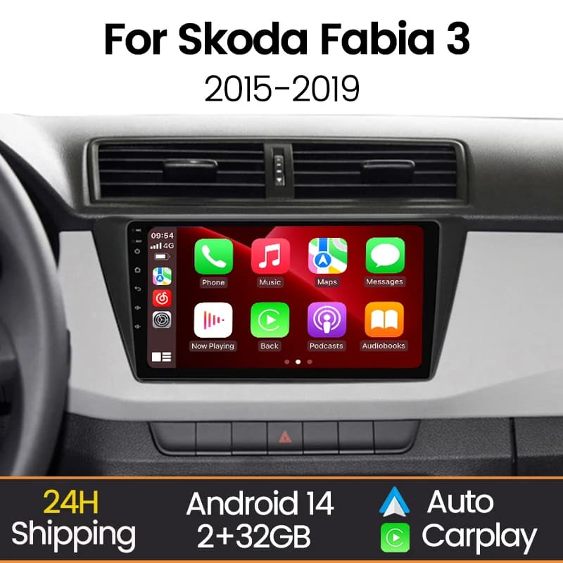 Autoradio Android 2 DIN for Skoda Fabia 3 III 2015 2016 2017 2018 2019, Multimedia Auto Reader with Carplay, Wifi, GPS
