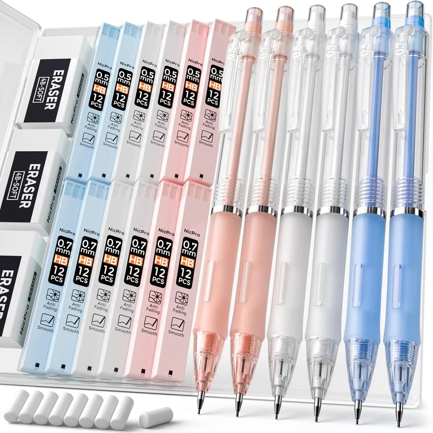 Set di 23 Matite Meccaniche Pastello con Astuccio, 0.5 e 0.7 mm, Mine HB, Gomme per Scrivere e Disegnare