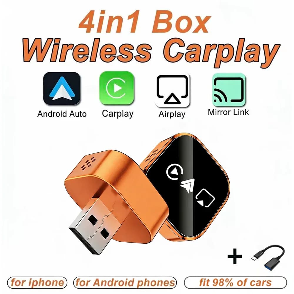 Adattatore Wireless CarPlay 4-in-1 2026 Aggiornato, Mini Compatto Plug & Play, WiFi Dual Band, Bluetooth, Compatibile con Apple e Android Auto
