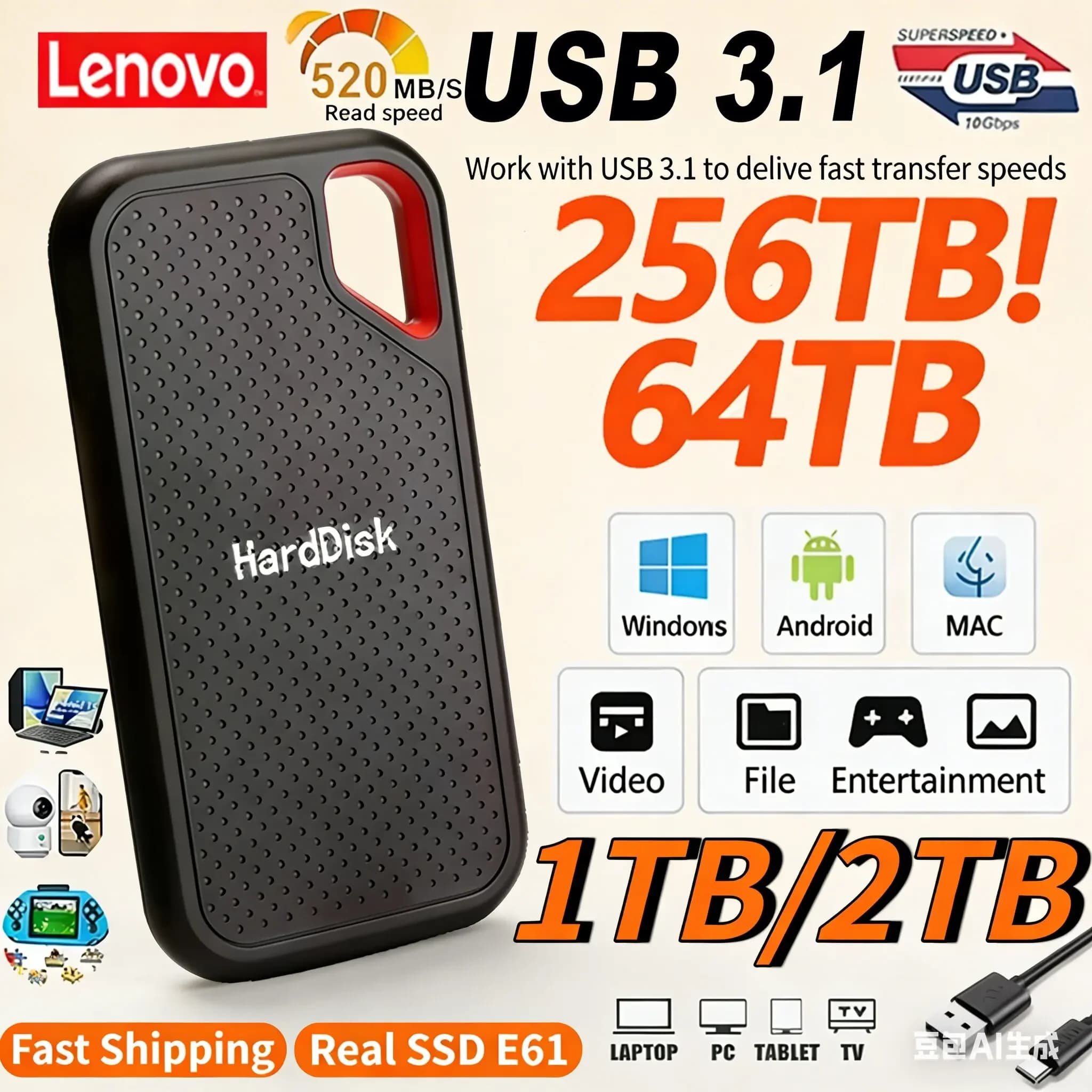 Disco Rigido Esterno Lenovo USB 3.1 SSD E60 2TB 6TB 8TB 256TB per Laptop PS5, Dispositivo di Archiviazione Mobile HDD