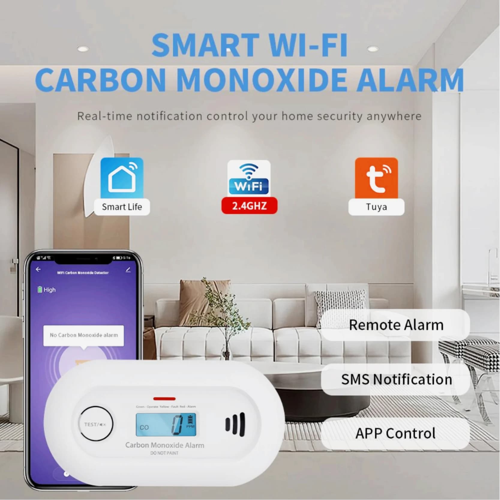 Tuya Smart CO Detector, with Tuya App control, 2.4GHz WiFi, 2500mAh CR17450 10-Year Battery, CE/UKCA Approved, VC21W