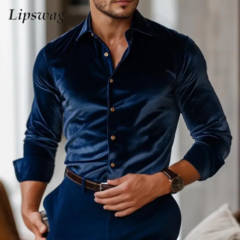 Camicia vintage da uomo in velluto Top Autunno Inverno Business Camicie casual in tinta unita Abbigliamento uomo Cardigan classico con risvolto abbottonato