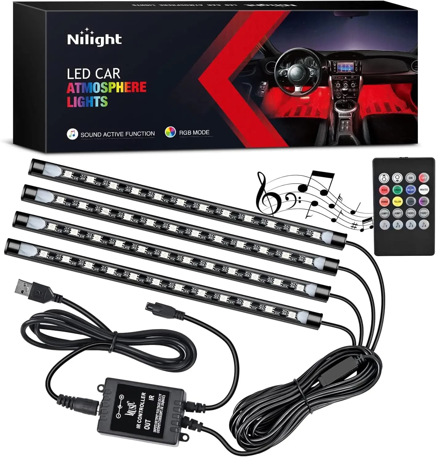 Kit Luci a Striscia per Auto con 48 LED Multicolore, Attivazione Sonora e Telecomando Wireless, 4 Luci Interne USB, Garanzia di 2 Anni