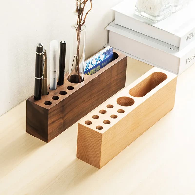 ✨Office Zen​ Plant Lover Wood Pen Holder Desk Caddy with Glass Tube Planter Office Organizer Unique Business Gift for Desk Tidy