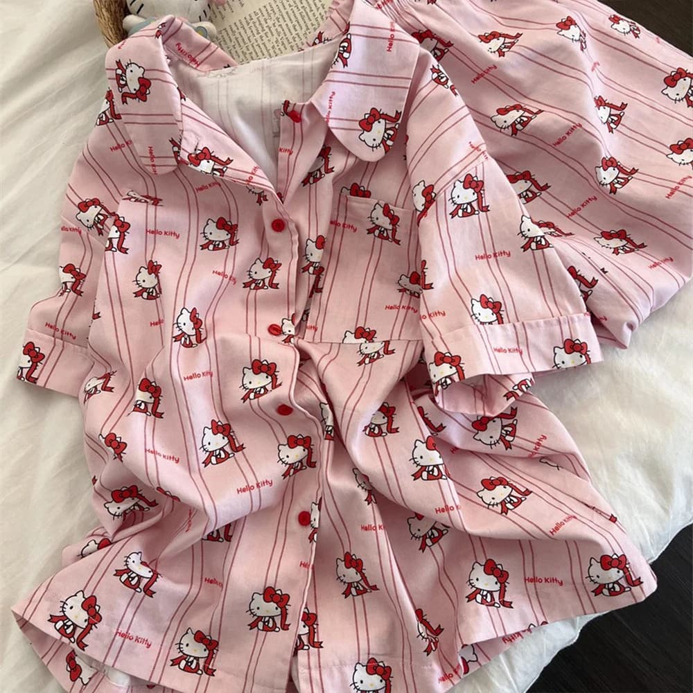 Set Pigiama Hello Kitty Rosa 2025, Cartone Animato Anime, Maglietta a Maniche Corte e Pantaloni a Righe, Set Estivo per Ragazze, Regalo per le Vacanze