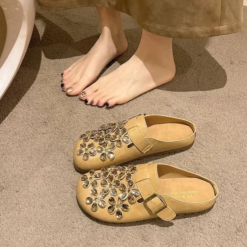 Women's Floral Rhinestone Buckle Strap Closed Toe Slip on Mule Clogs Vintage Casual Daily Outdoor Footwear Drop Shipping Gift