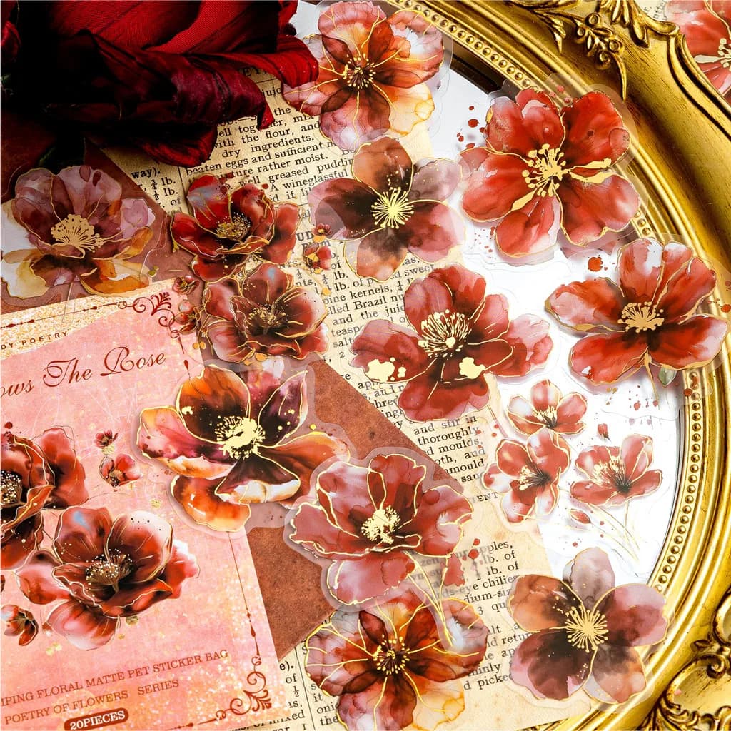 Journamm 20pcs adesivi floreali stampati in oro fai da te Scrapbooking Art Collage Junk Journal cancelleria Planner Decor diario adesivi