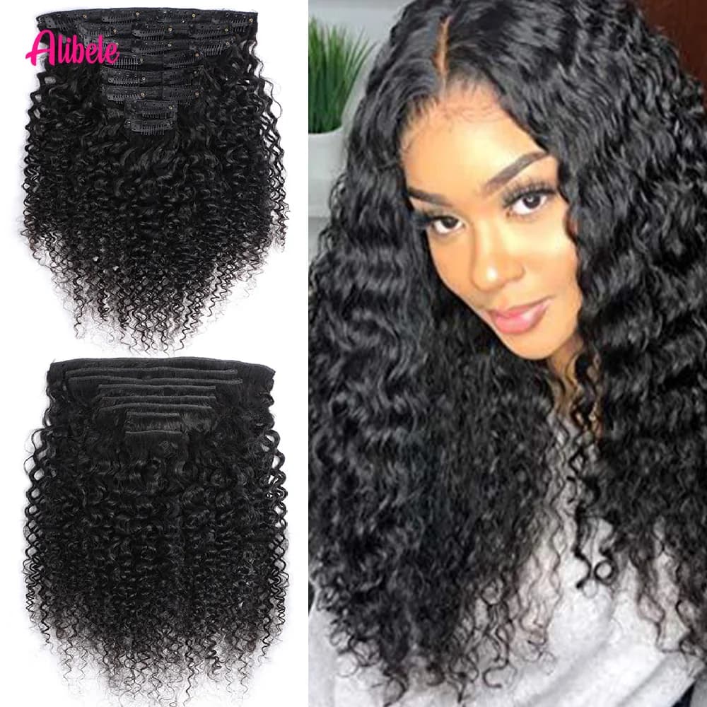 Alibele Crespo Riccio Colore Naturale Clip Brasiliana nelle Estensioni Dei Capelli Umani 100% Capelli Umani di Remy 120G 8 Pz/set Testa Completa Per Le Donne