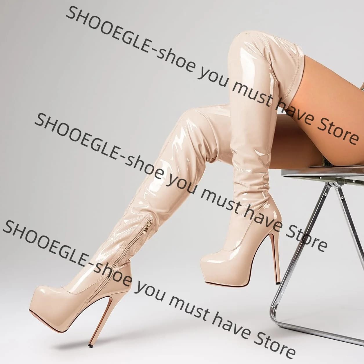 Women's Patent Leather Over-The-Knee Boots Thigh-High Thick Platform Sole Stiletto Heel Design Party Ladies Sexy Casual Botas