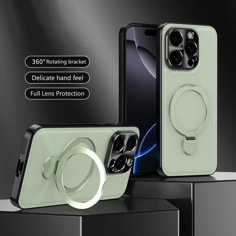 With Metal Ring Holder Magnetic Wireless Charging Back Cover Cases For IPhone 17E 14 16E 15 17 Pro Max Soft Leather Phone Case